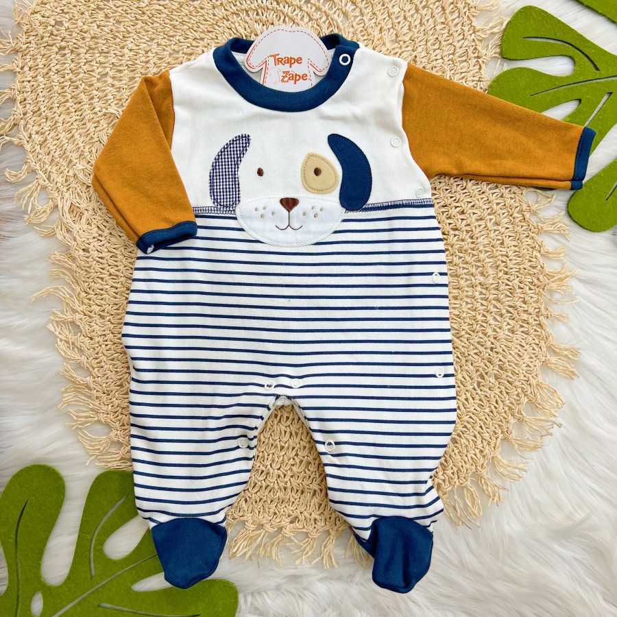 Macacão Trape Zape - Dog com Orelhinha Xadrez - Off White e Ferrugem com Marinho